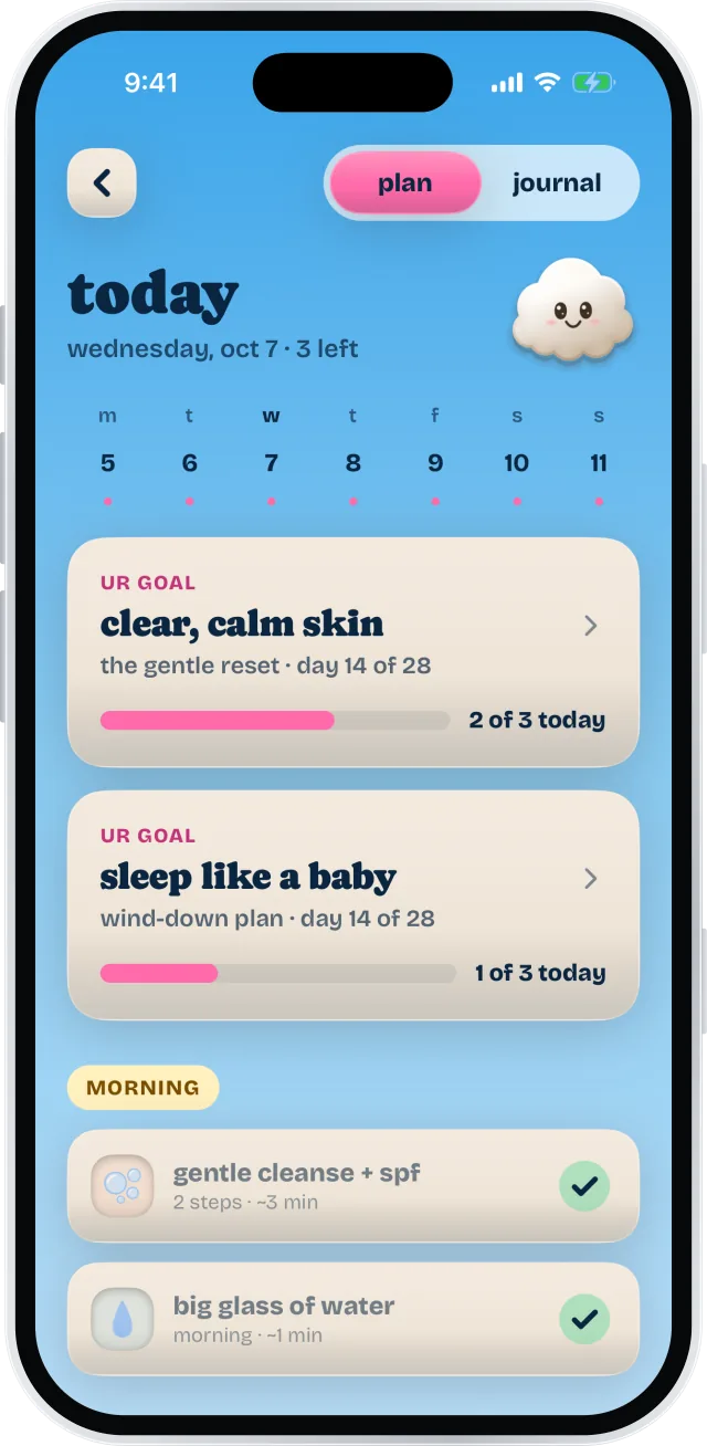 Mentor’s day planner with skin and sleep goals, a week strip and today’s routine.