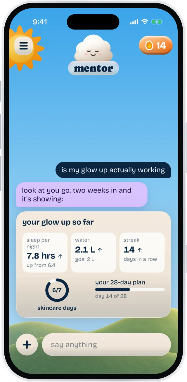 Mentor’s glow up progress card with sleep, water, streak and skincare days.