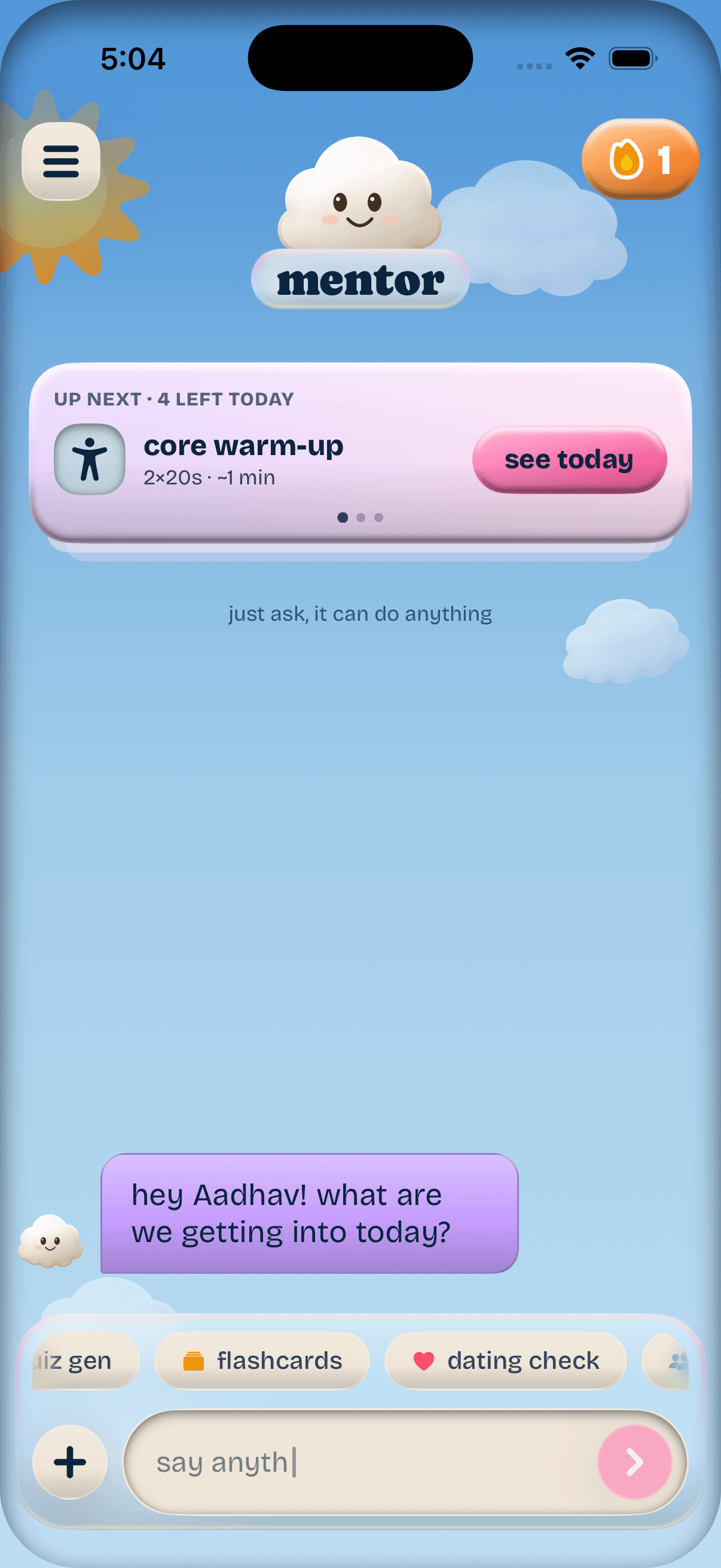 Mentor home with an upcoming routine, AI chat and study tools.