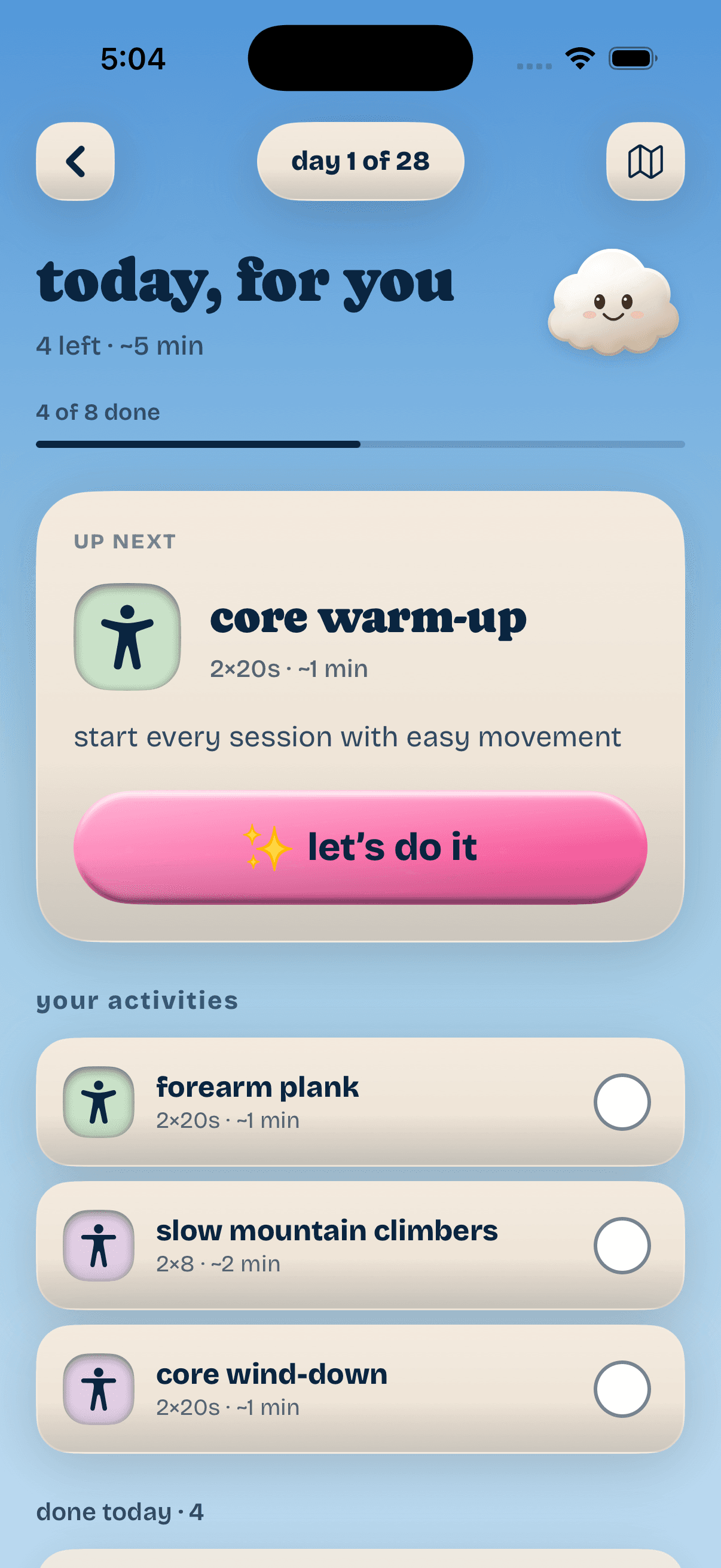 Mentor’s daily plan showing the next activity, progress and remaining tasks.